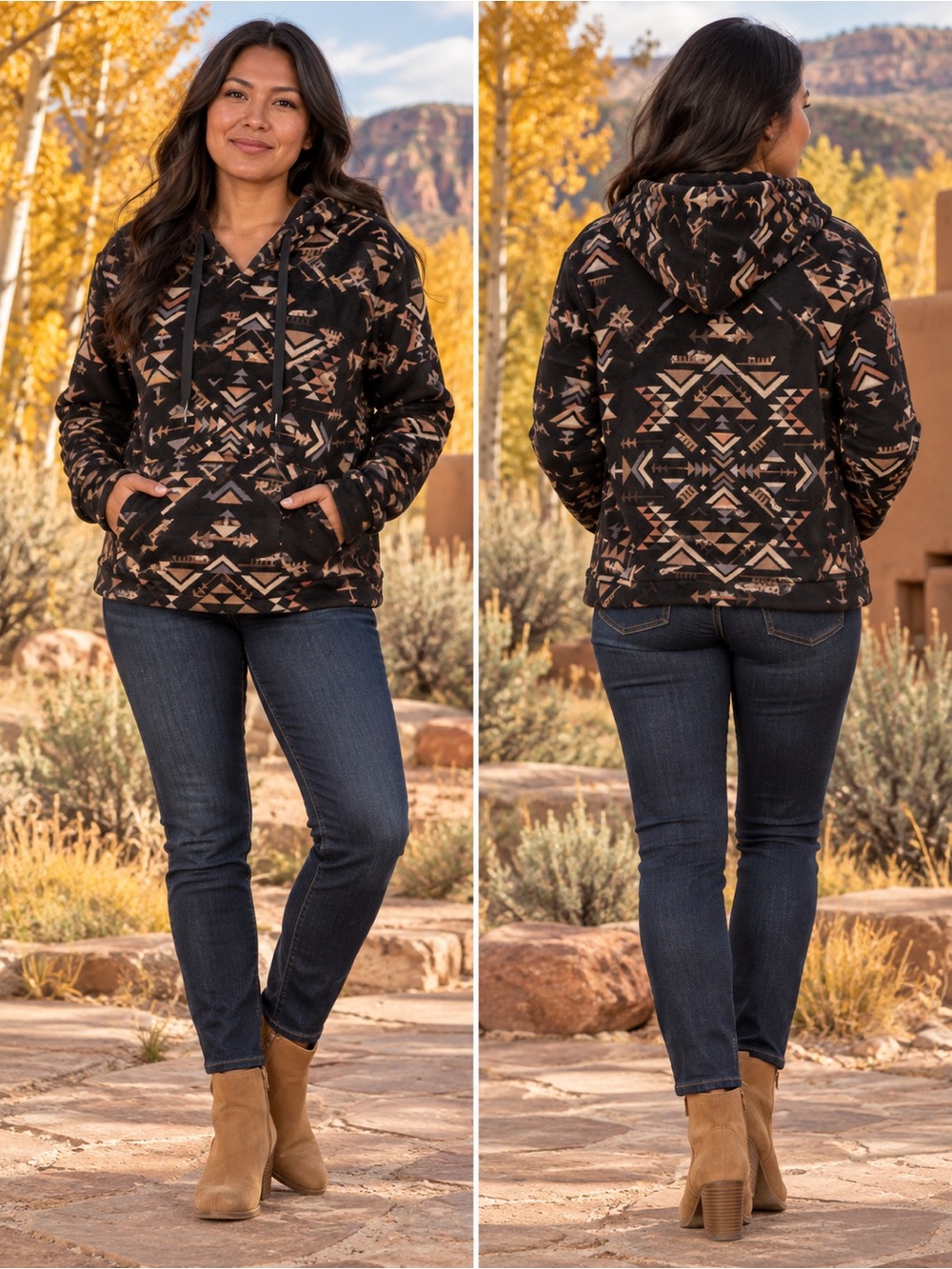 Wallflower Cozy Aztec Print Pullover Hoodie - Black/Tan